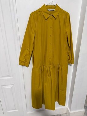 Zara Ochre Button-Front Long Sleeve Midi Dress